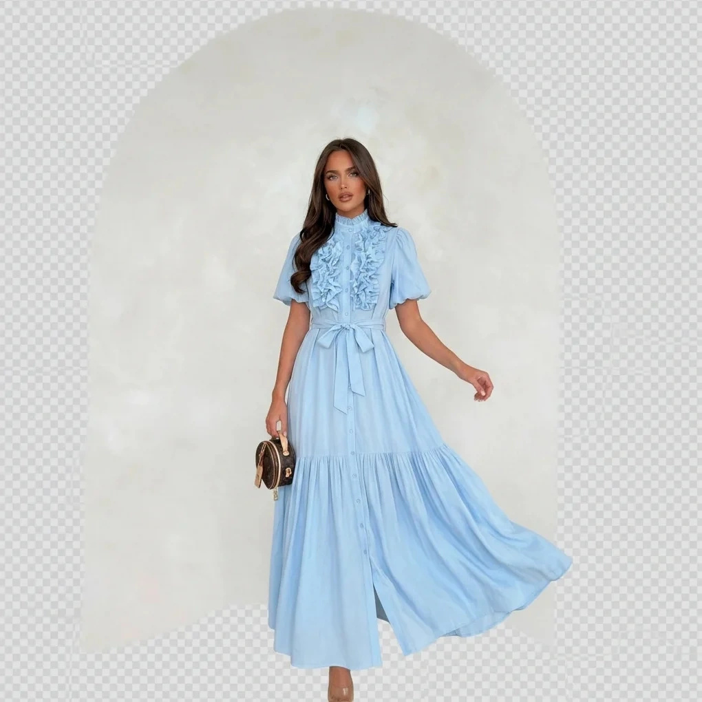 Sukienka maxi błękitna zwiewna z falbanami elegancka na wesele komunię lato