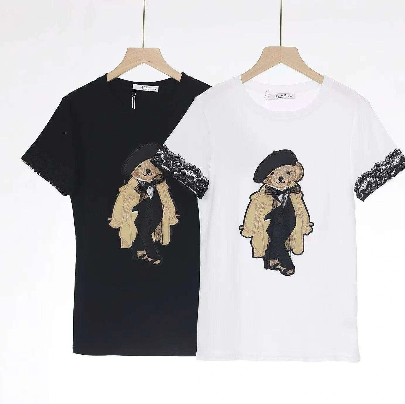 Bluzka damska biała miś koronka krótki rękaw bawełniana elegancka