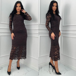 Elegancka sukienka midi z koronki, kolor czekoldowy – wieczorowa i szykowna