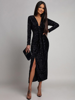 Elegancka Maxi Sukienka Cekinowa Wiola z długim rękawem czarna