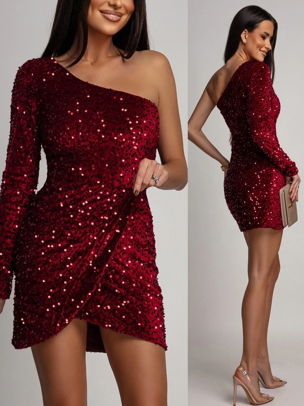 CEKINOWA SUKIENKA MINI NA JEDNO RAMIĘ ARMIRIA bordowy