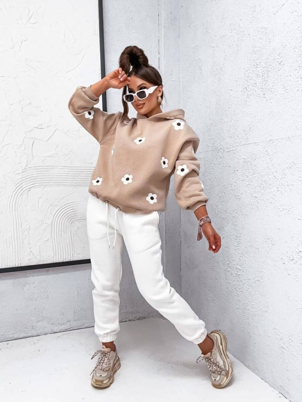 Komplet dresowy w kwiaty bluza z kapturem + spodnie beżowy