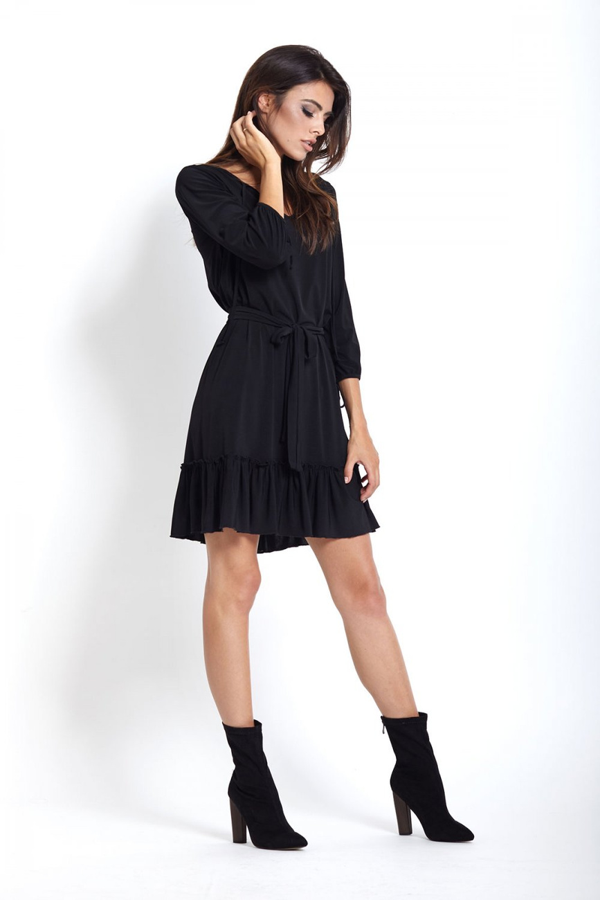  Roksana Z Falbaną Krótka Elegancka Czarna Sukienka Rozkloszowana
