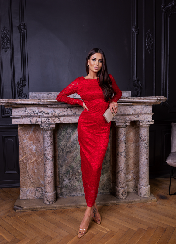 Elegancka koronkowa  Maxi Sukienka dopasowana Midnight Lace czerwony