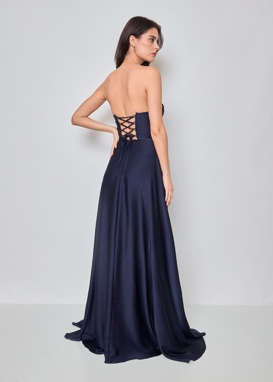 Elegancka  MAXI Sukienka satynowa EMMA granatowa