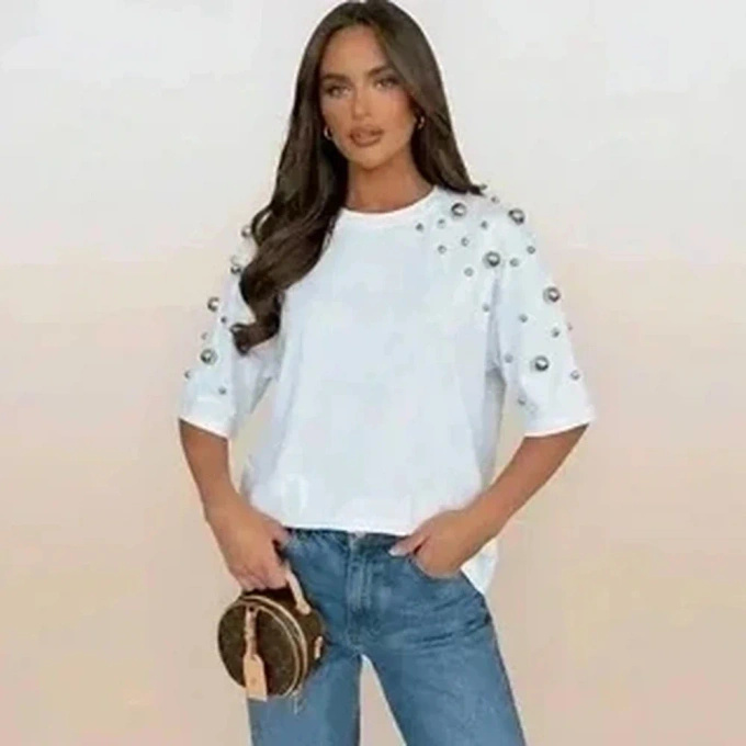 Bluzka damska biała z perłami oversize bawełniana elegancka