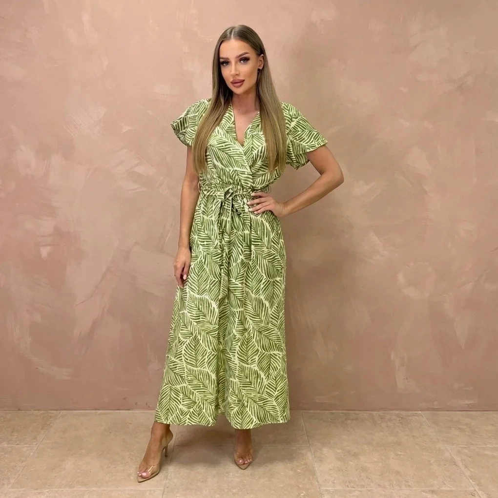 Sukienka maxi letnia zielona w liście zwiewna z wiązaniem w talii elegancka