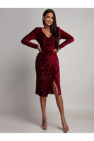 Elegancka Midi Sukienka z dugim rękawem cekinowa Rosalia bordowa