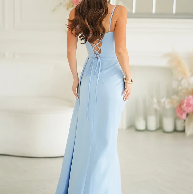 Elegancka Sukienka Maxi na Wesele Studniówkę Błękitna z Brokatem Rozcięcie