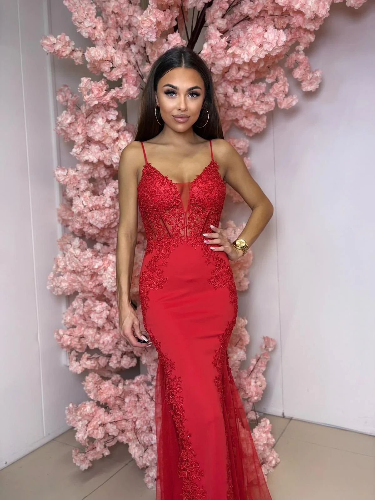 Elegancka Sukienka maxi Boda rybka- czerwony