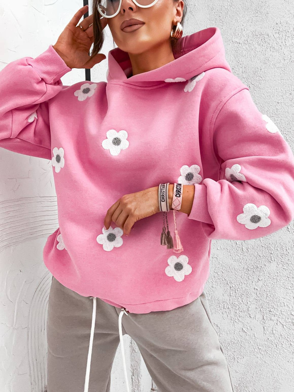 Komplet dresowy w kwiaty bluza z kapturem + spodnie różowy
