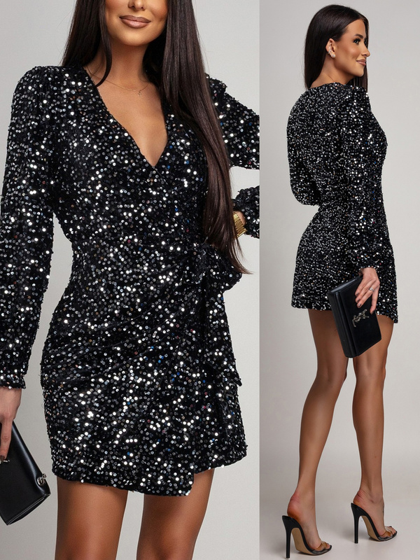 Elegancka Mini Sukienka z dugim rękawem cekinowa Beti  czarno srebrna