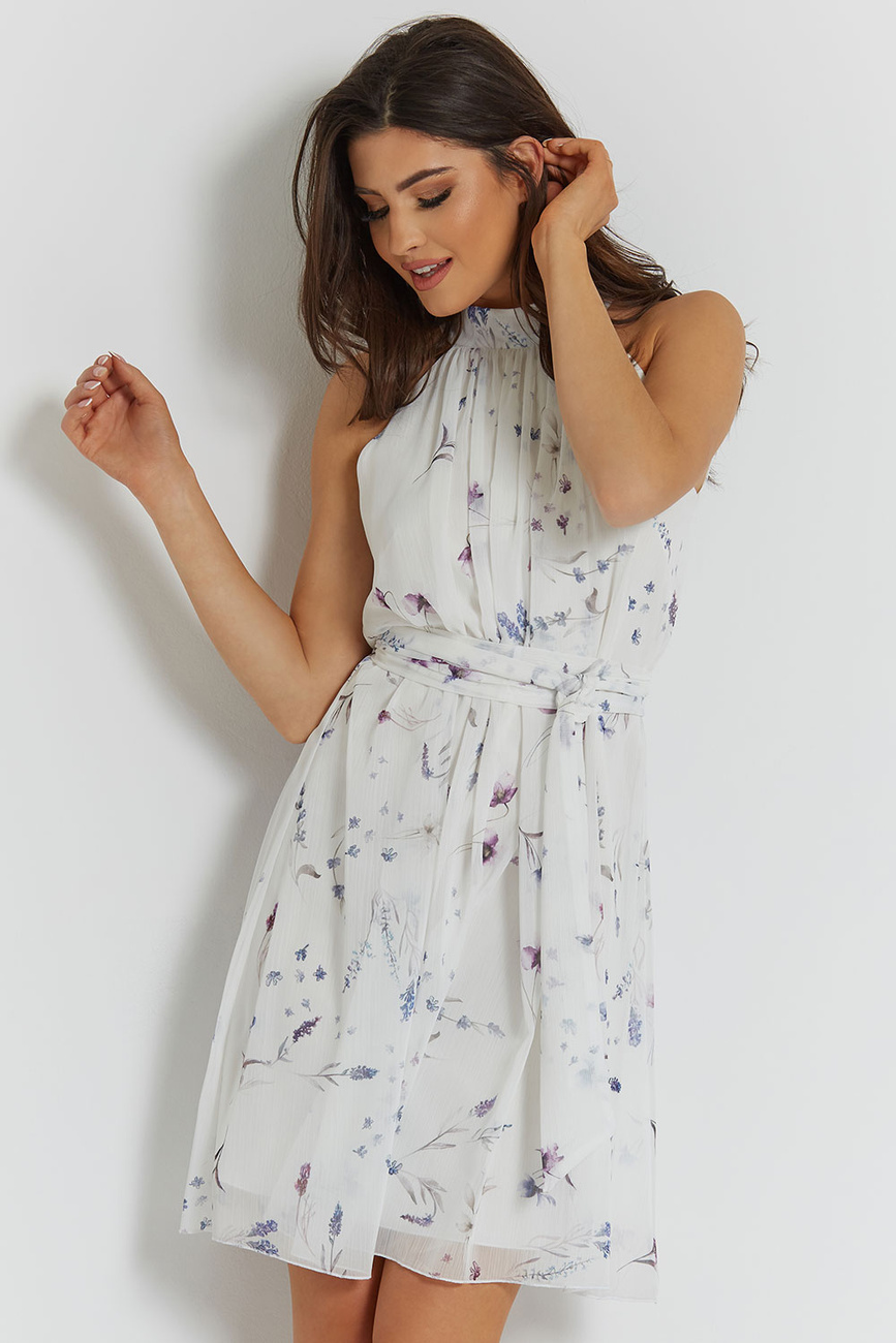  Liv Biała Elegancka Mini Sukienka Rozkloszowana Ze Stójką
