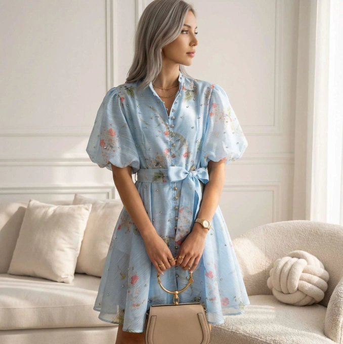 Sukienka SHINE błękitna kwiatowa midi bufiaste rękawy bawełna len lato wiosna elegancka