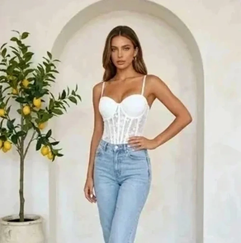 Gorset damski biały koronkowy z fiszbinami modelujący sylwetkę top bielizniany