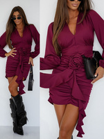 Elegancka Sukienka FLOWERS z długim rękawem bordowy