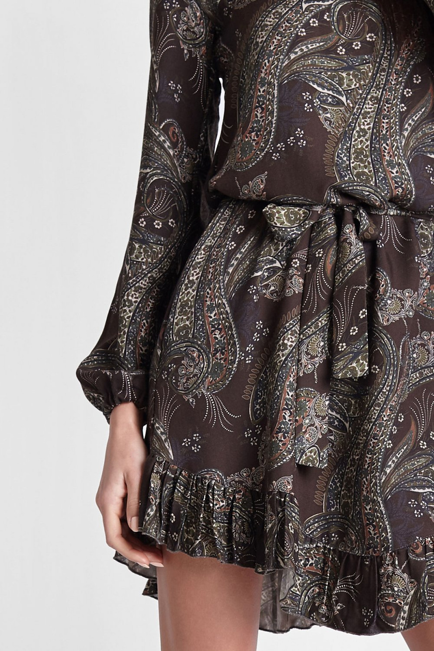  Masha W Stylu Boho Khaki Mini Sukienka Rozkloszowana Z Falbanką
