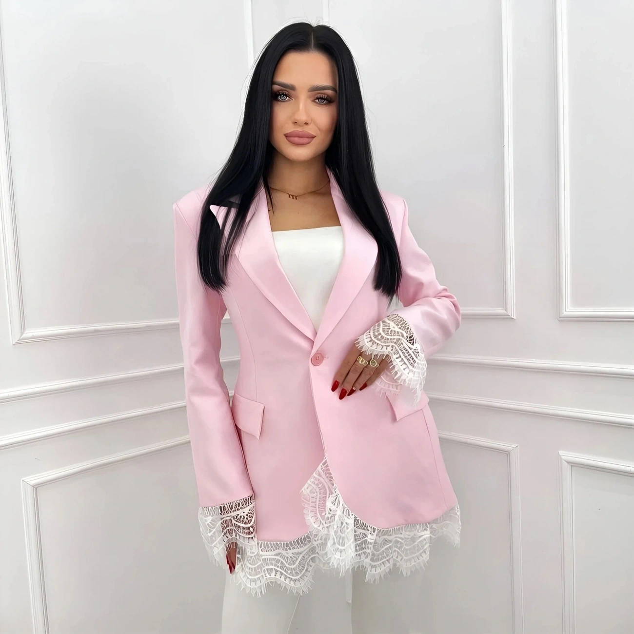 Marynarka damska różowa z koronką elegancki żakiet taliowany na guzik