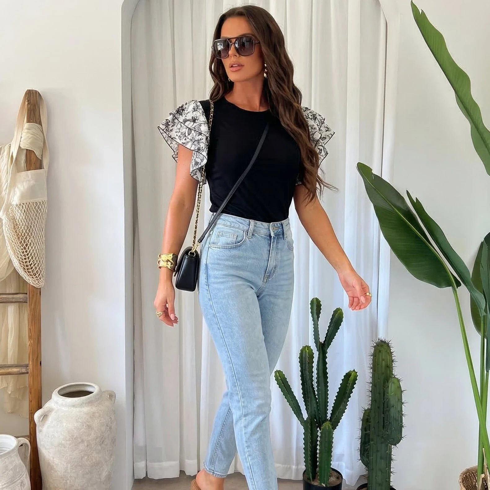 Bluzka damska z falbanami bawełniana elegancka do pracy casual