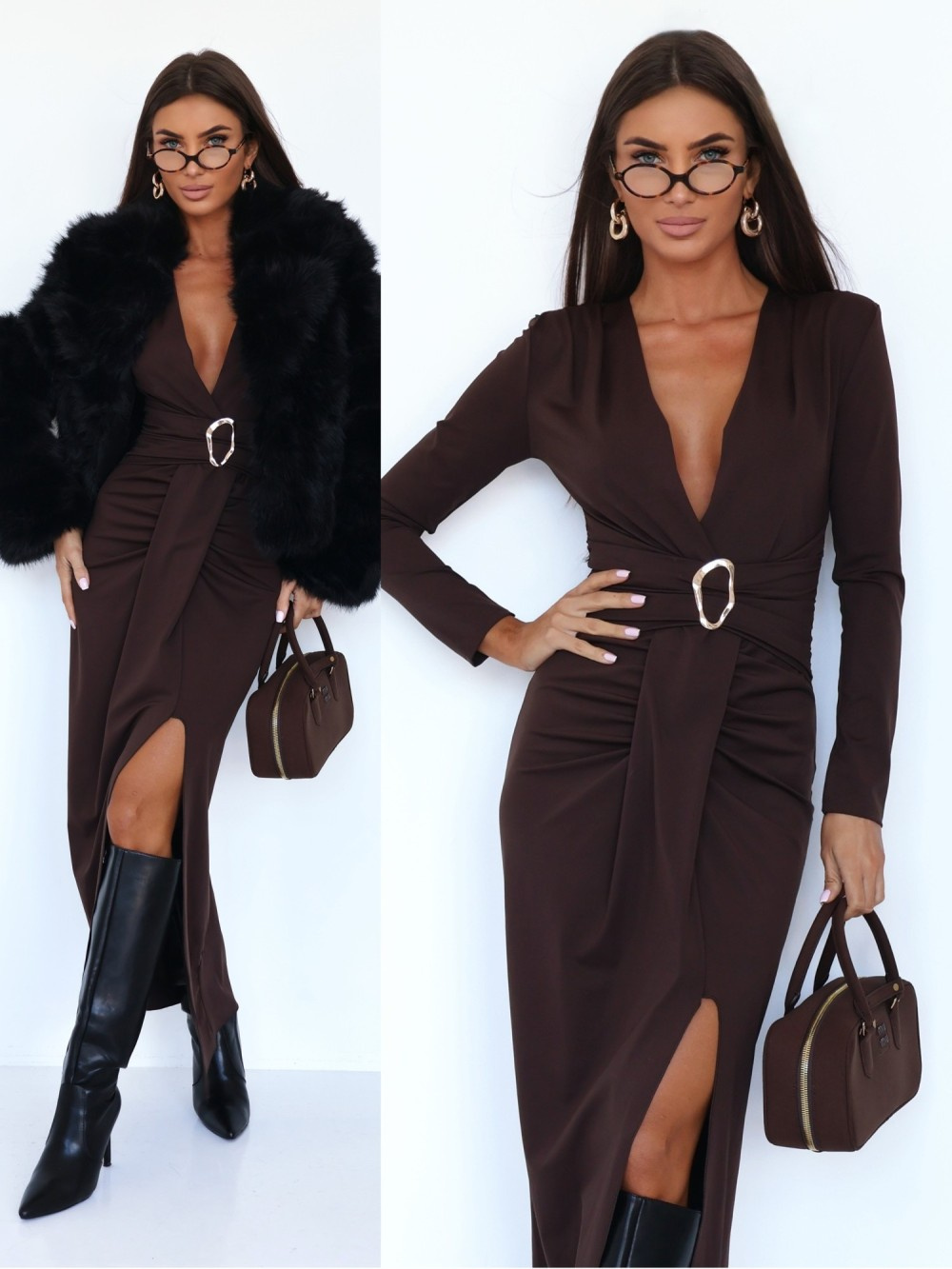 ELEGANCKA DOPASOWANA SUKIENKA MAXI Ava czekoladowa