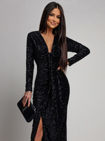 Elegancka Maxi Sukienka Cekinowa Wiola z długim rękawem czarna