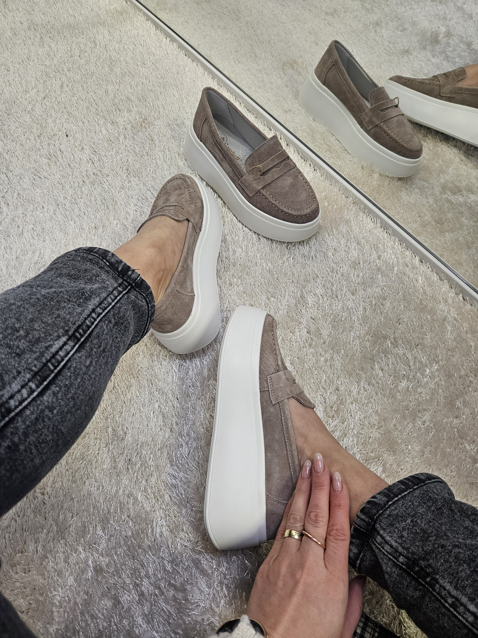 Mokasyny damskie na platformie ze skóry naturalnej beżowe