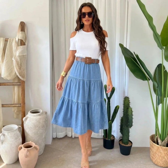 Spódnica Jeansowa Damska Rozkloszowana Midi z Marszczeniami Bawełniana z Paskiem