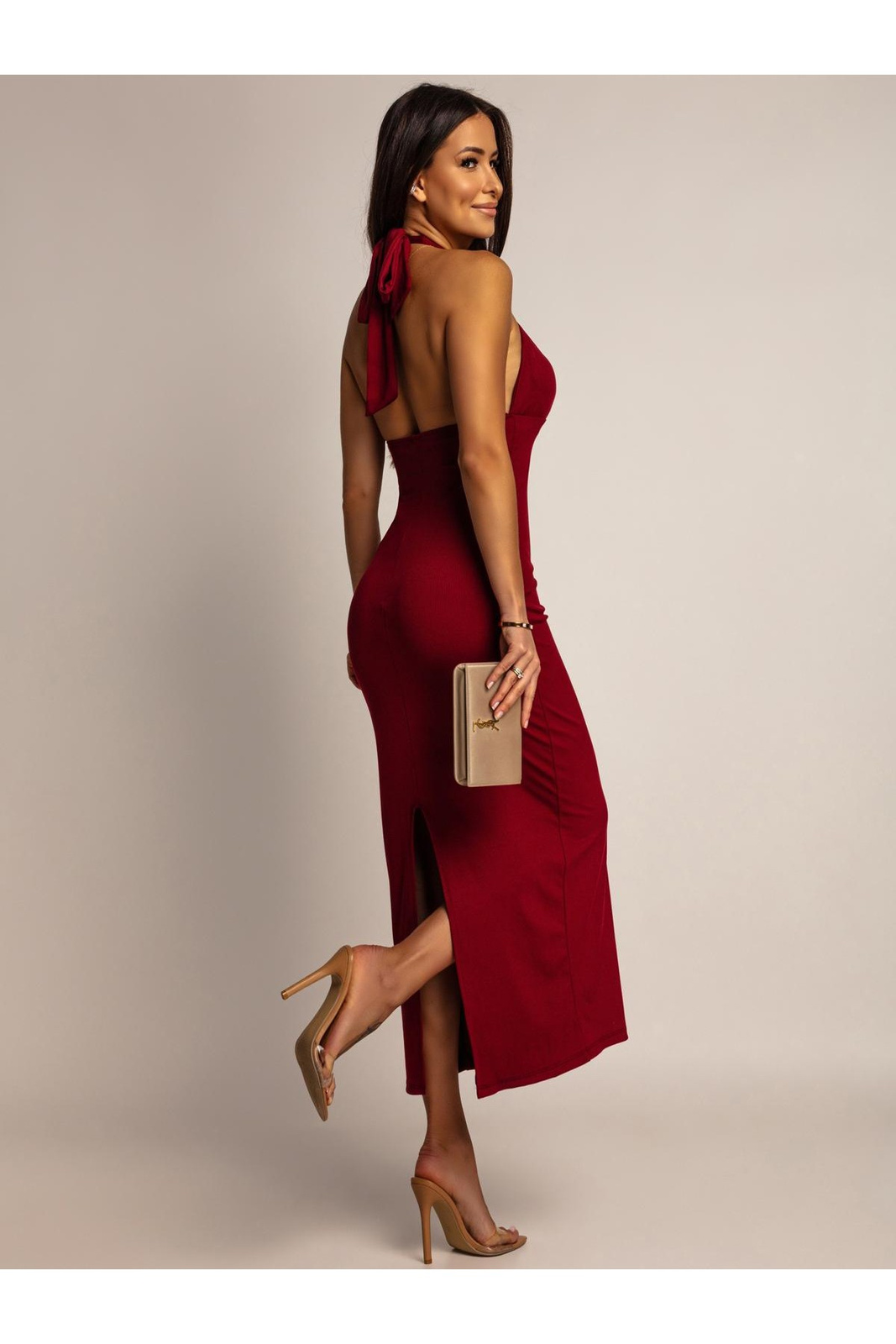PRĄŻKOWANA SUKIENKA MIDI KAMILA bordowa