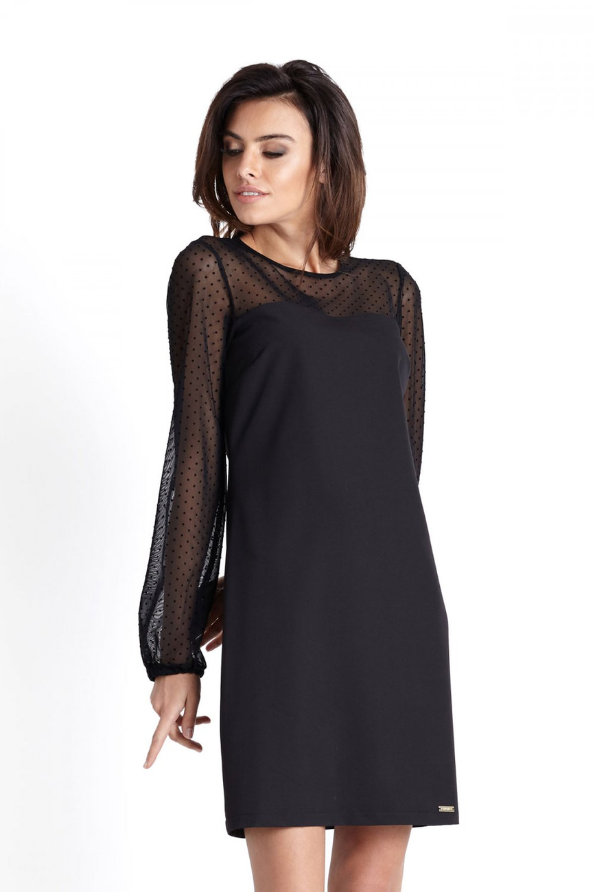 Trapezowa  Daniela Mała Czarna Wizytowa Sukienka W Grochy
