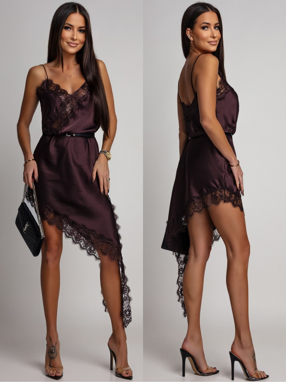 Asymetryczna sukienka satynowa z koronką w kolorze czekoladowym