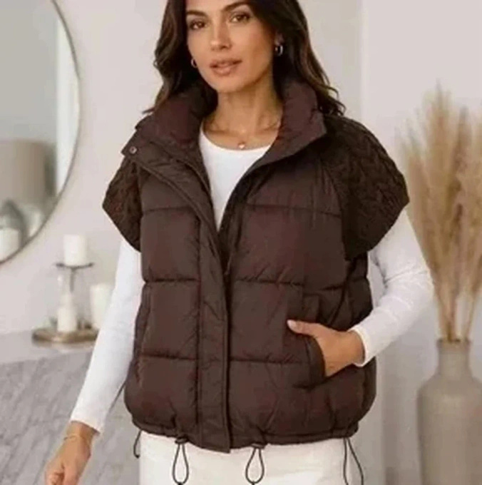 Kamizelka damska pikowana brązowa czekoladowa dzianinowe rękawy oversize