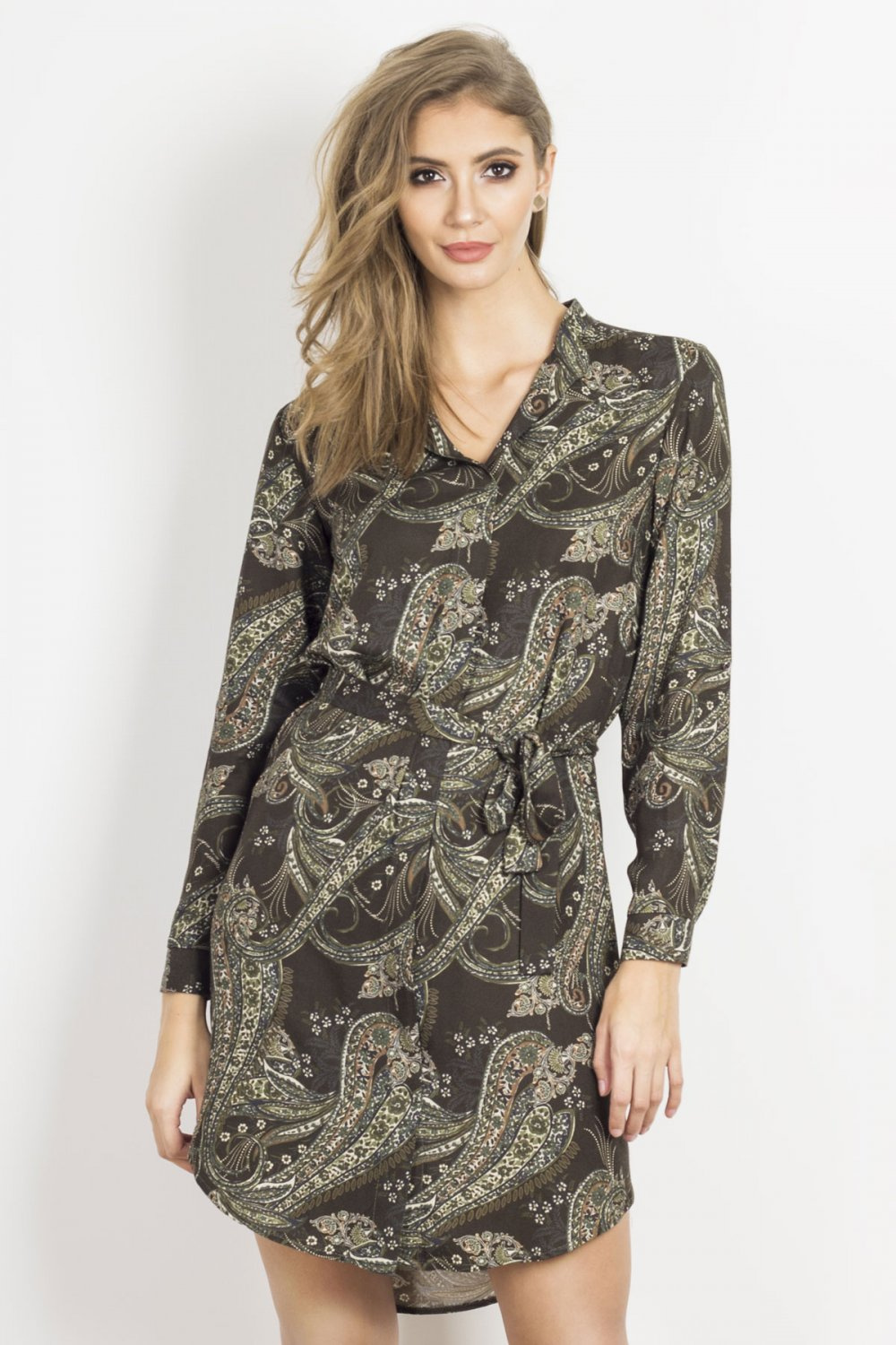  Amara Zielona Mini Sukienka Koszulowa Na Co Dzień Z Kołnierzykiem
