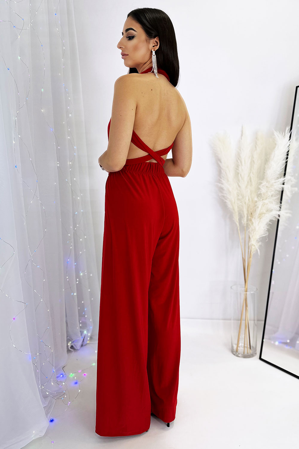 Elegancki Czerwony  Kombinezon Damski Fantastic Na Wesele Z Odkrytymi Plecami