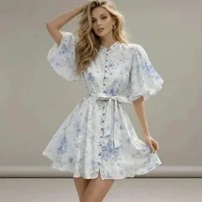 Sukienka w Kwiaty Błękitna Rozkloszowana z Bufiastymi Rękawami Bawełna Len Letnia