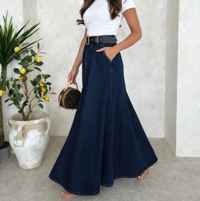 Spódnica jeansowa maxi długa rozkloszowana denim z paskiem damska elegancka