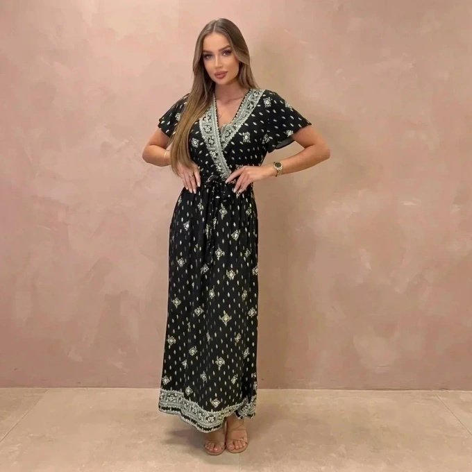 Sukienka maxi boho czarna orientalny wzór dekolt V letnia elegancka damska