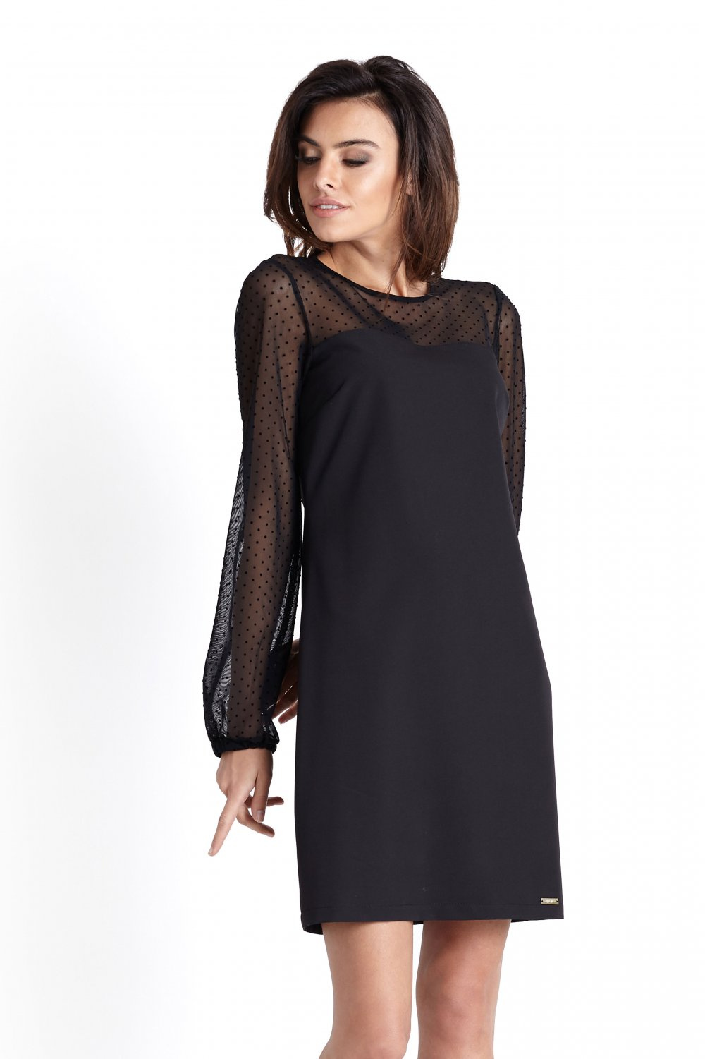 Trapezowa  Daniela Mała Czarna Wizytowa Sukienka W Grochy
