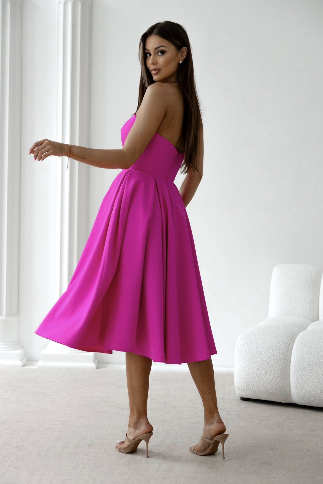 Elegancka gorsetowa midi Sukienka Anabel fuksja