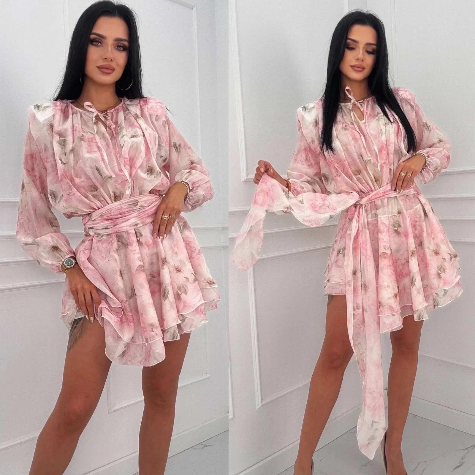 Sukienka Szyfonowa Kwiaty Różowa Elegancka Falbany Wesele Romantyczna