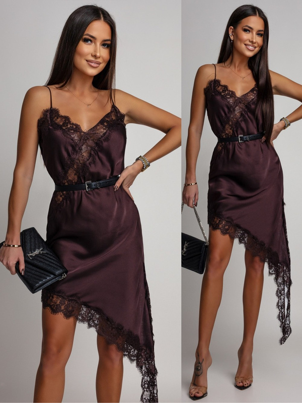 Asymetryczna sukienka satynowa z koronką w kolorze czekoladowym