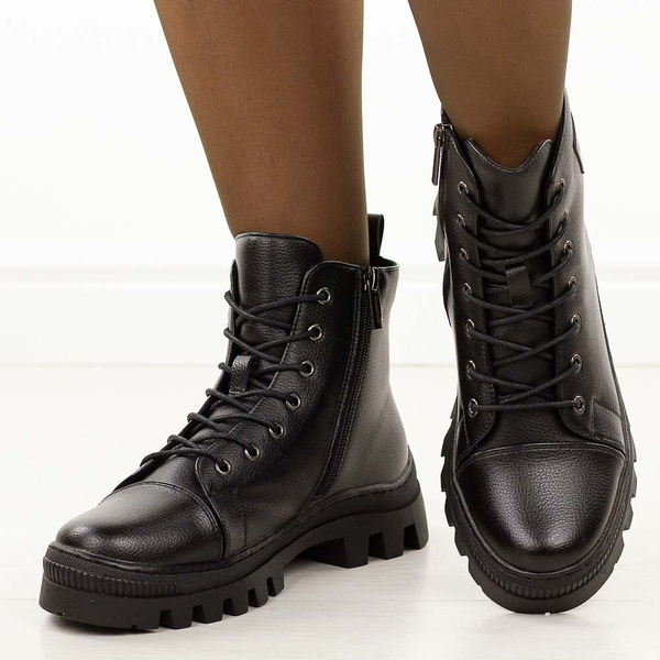 Botki damskie Czarne skórzane trzewiki ocieplane trapery - czarne