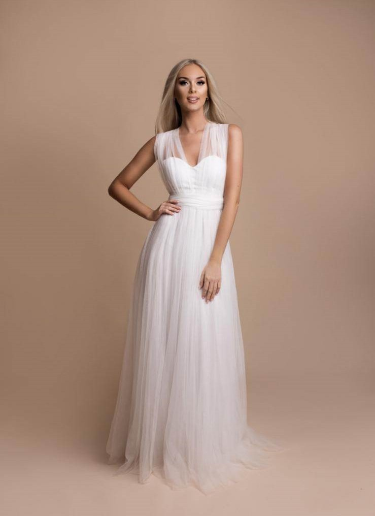 Elegancka Tiulowa  MAXI Sukienka ślubna- biały