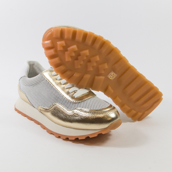 Sneakersy damskie  Złote skórzane półbuty ażurowe na platformie