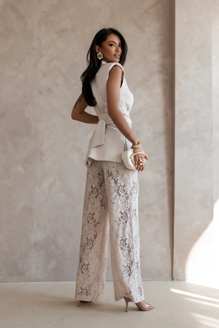 Elegancki Komplet Damski AURA  Garnitur Kamizelka Szerokie Spodnie Zestaw Wiosna Lato beżowy