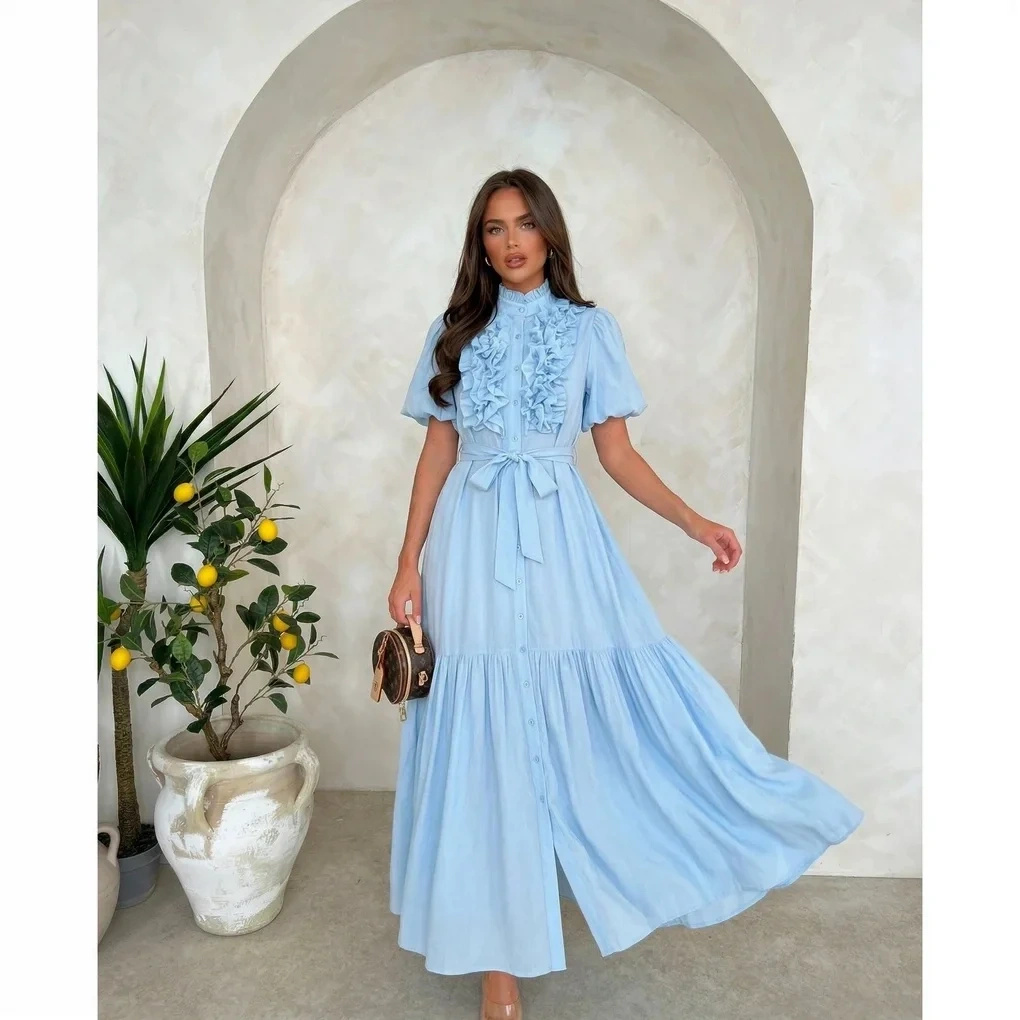 Sukienka maxi błękitna zwiewna z falbanami elegancka na wesele komunię lato
