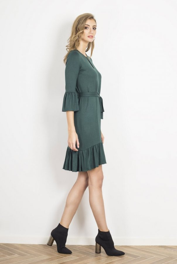  Shira Zielona Mini Sukienka Rozkloszowana Z Falbaną Do Pracy
