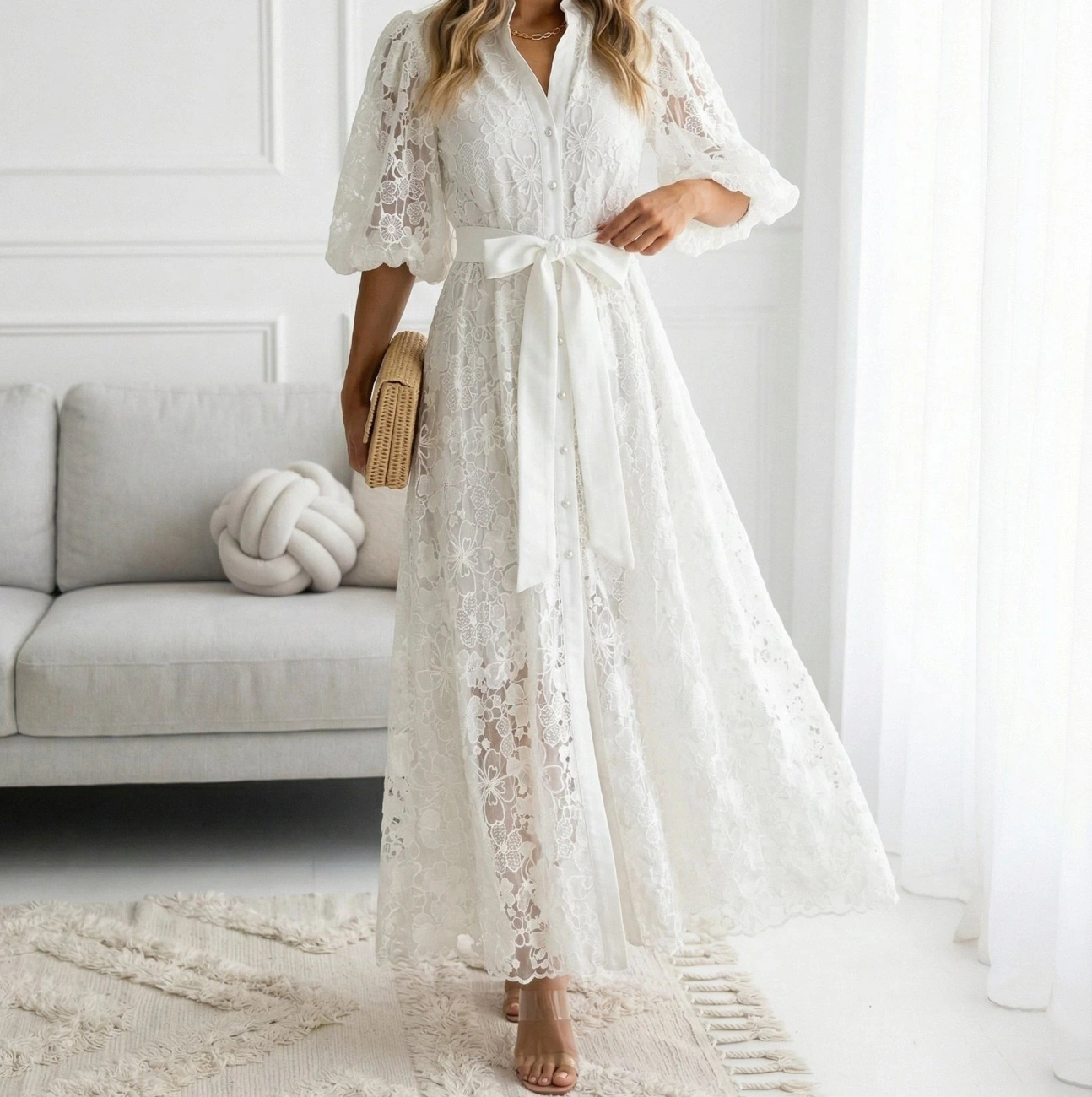 Sukienka koronkowa biała maxi wesele bufki elegancka wiązana DEDUCE