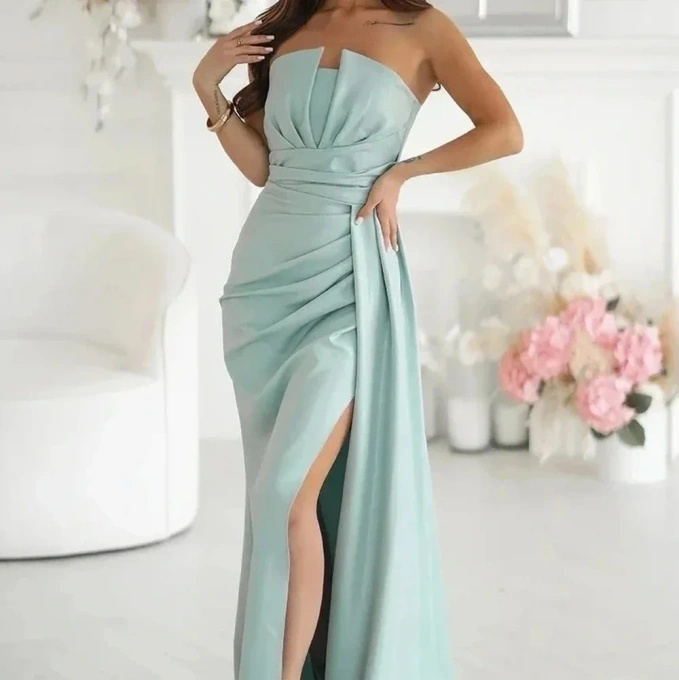 Sukienka Maxi Miętowa Wieczorowa Brokatowa Wesele  Rozcięcie Gorset