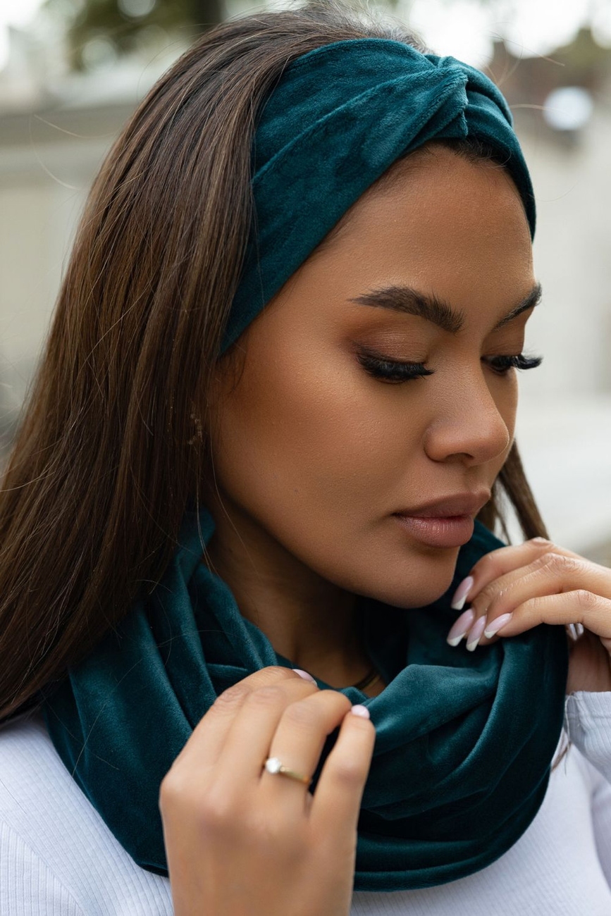 Zielony Welurowy Komplet Opaska I Komin